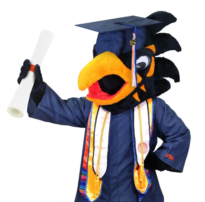 A mascot dressed in a graduation gown and cap holds a diploma.